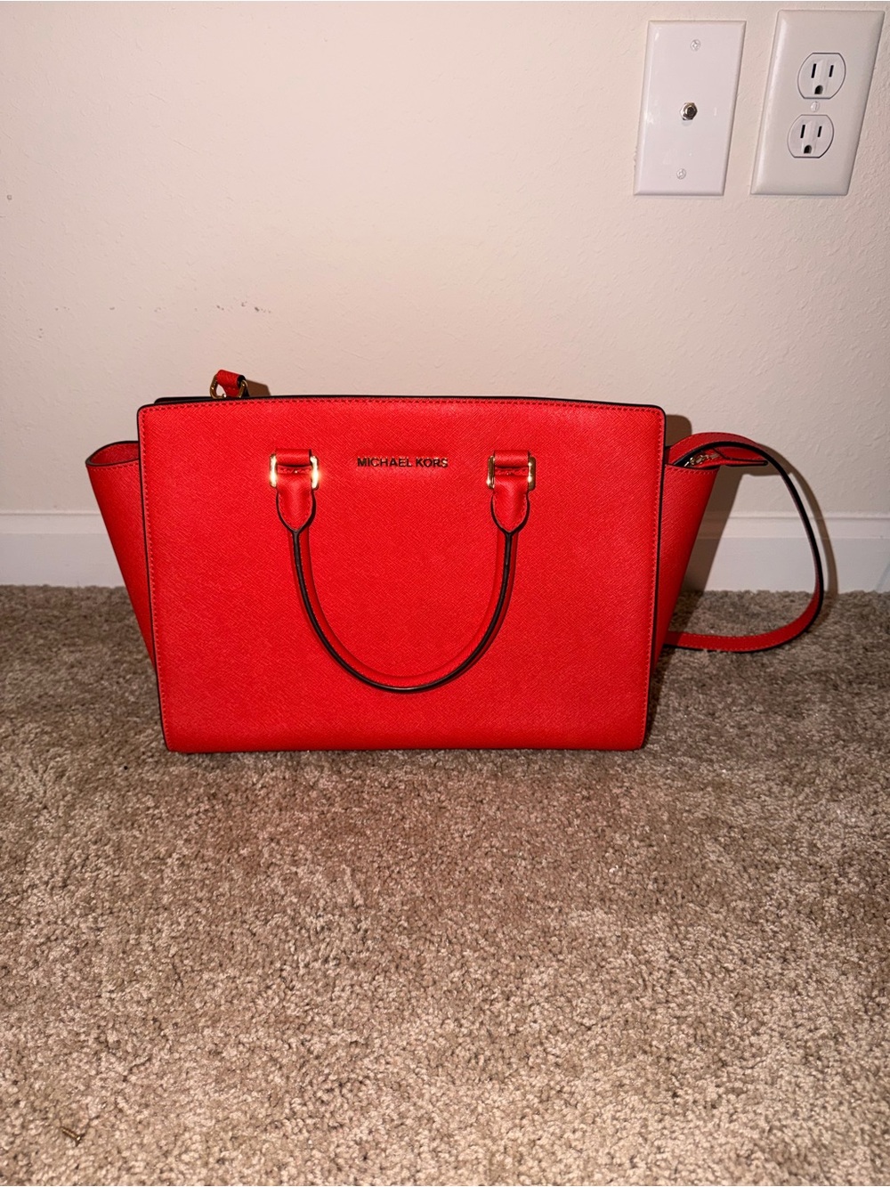 Michael Kors Red Saffiano Satchel with Gold Hardware